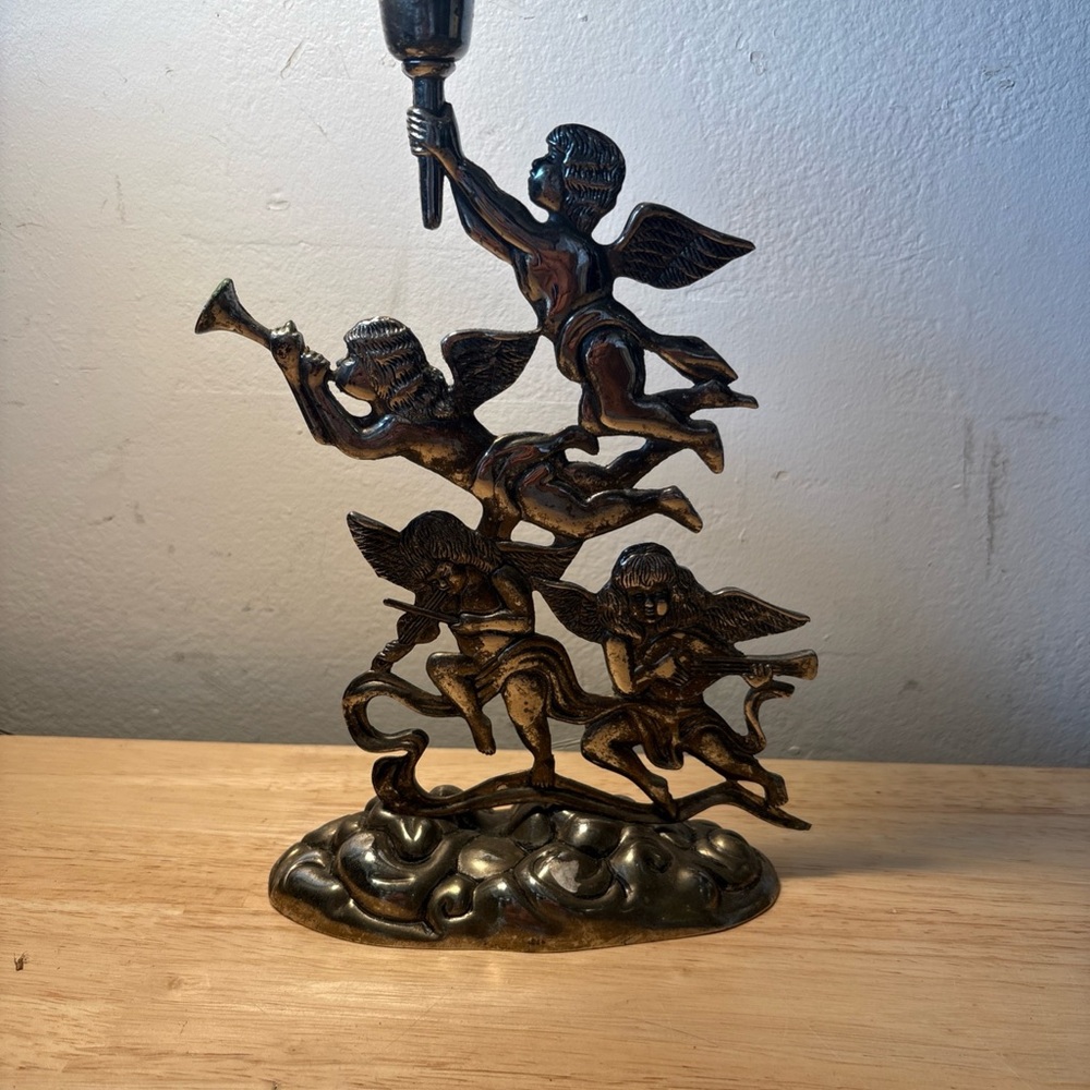 GODINGER Silverplated Angel Cherub Candle Stick Holder CHRISTMAS Musicians 10”